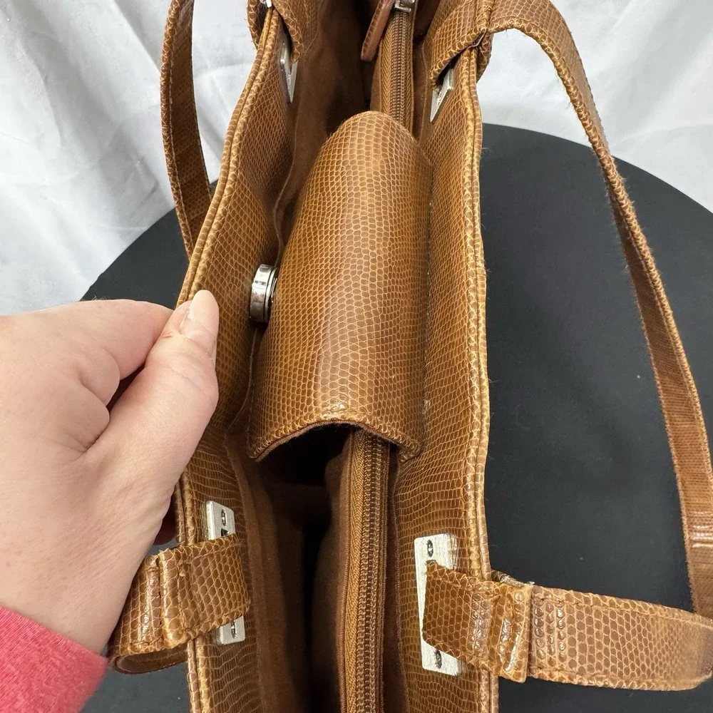 Coldwater Creek Reptile Print Divided Tote‎ w/Braided Keychain FOB, Brown